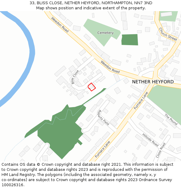 33, BLISS CLOSE, NETHER HEYFORD, NORTHAMPTON, NN7 3ND: Location map and indicative extent of plot