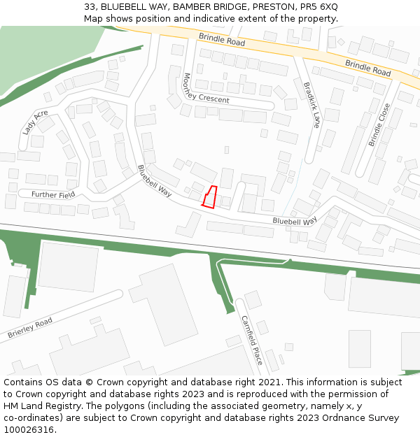 33, BLUEBELL WAY, BAMBER BRIDGE, PRESTON, PR5 6XQ: Location map and indicative extent of plot