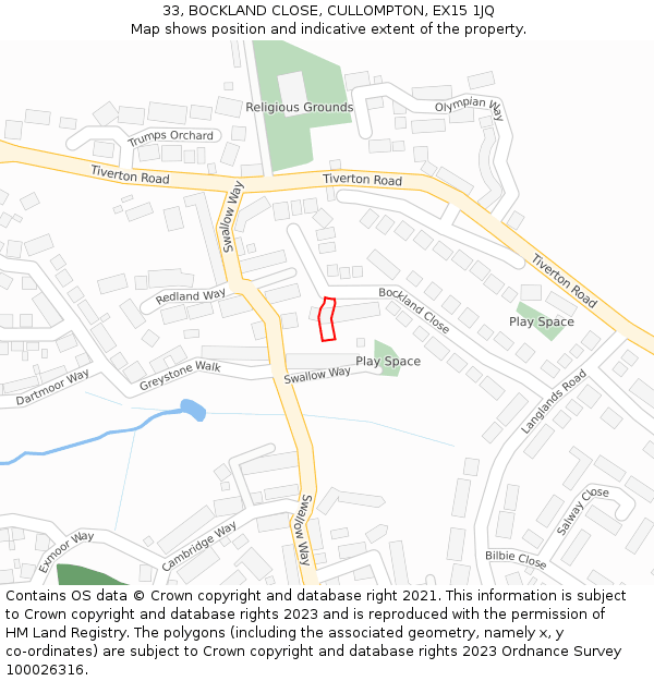 33, BOCKLAND CLOSE, CULLOMPTON, EX15 1JQ: Location map and indicative extent of plot