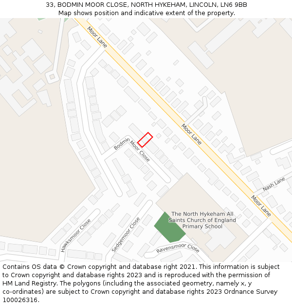 33, BODMIN MOOR CLOSE, NORTH HYKEHAM, LINCOLN, LN6 9BB: Location map and indicative extent of plot