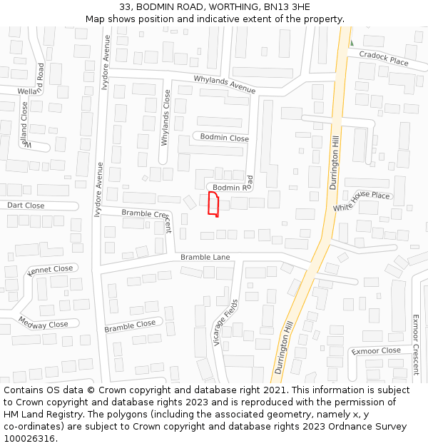 33, BODMIN ROAD, WORTHING, BN13 3HE: Location map and indicative extent of plot