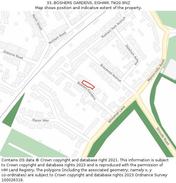33, BOSHERS GARDENS, EGHAM, TW20 9NZ: Location map and indicative extent of plot