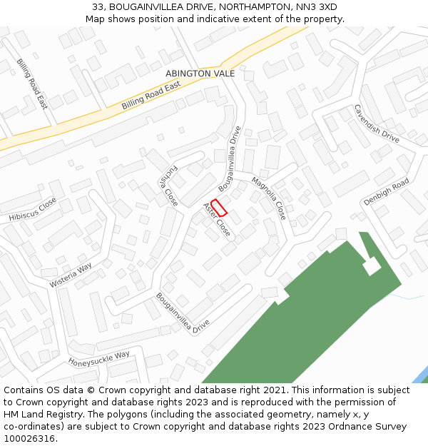 33, BOUGAINVILLEA DRIVE, NORTHAMPTON, NN3 3XD: Location map and indicative extent of plot