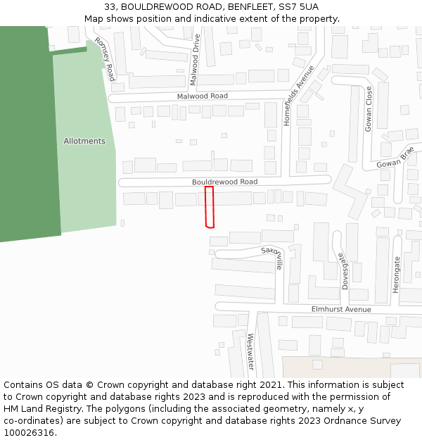 33, BOULDREWOOD ROAD, BENFLEET, SS7 5UA: Location map and indicative extent of plot