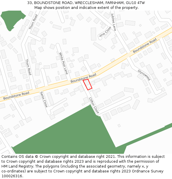 33, BOUNDSTONE ROAD, WRECCLESHAM, FARNHAM, GU10 4TW: Location map and indicative extent of plot