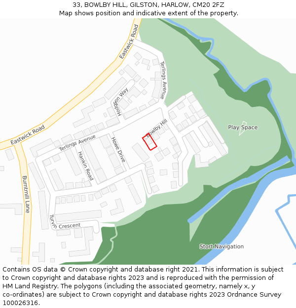 33, BOWLBY HILL, GILSTON, HARLOW, CM20 2FZ: Location map and indicative extent of plot