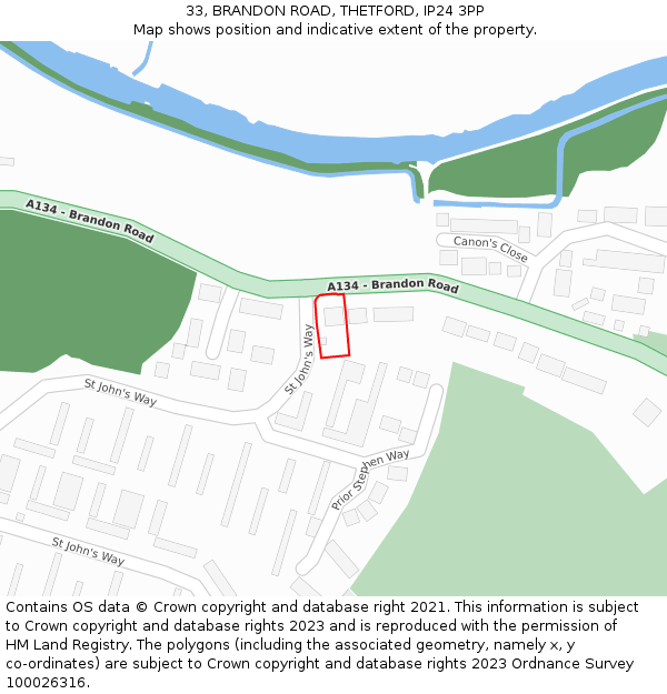 33, BRANDON ROAD, THETFORD, IP24 3PP: Location map and indicative extent of plot