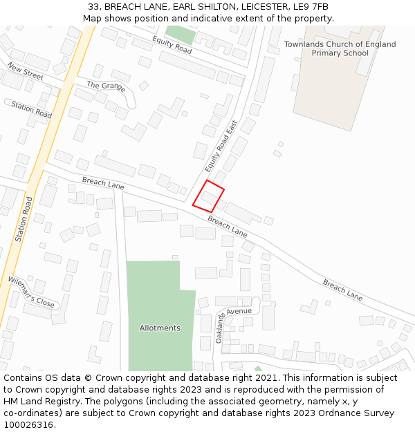 33, BREACH LANE, EARL SHILTON, LEICESTER, LE9 7FB: Location map and indicative extent of plot