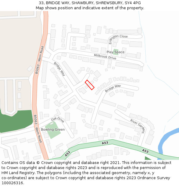 33, BRIDGE WAY, SHAWBURY, SHREWSBURY, SY4 4PG: Location map and indicative extent of plot