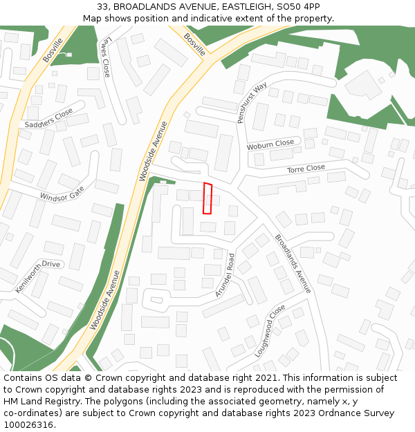 33, BROADLANDS AVENUE, EASTLEIGH, SO50 4PP: Location map and indicative extent of plot