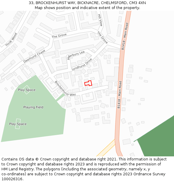 33, BROCKENHURST WAY, BICKNACRE, CHELMSFORD, CM3 4XN: Location map and indicative extent of plot