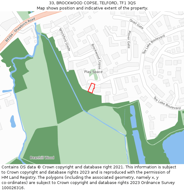 33, BROCKWOOD COPSE, TELFORD, TF1 3QS: Location map and indicative extent of plot