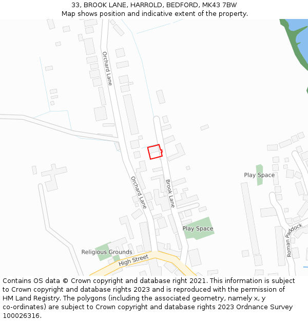 33, BROOK LANE, HARROLD, BEDFORD, MK43 7BW: Location map and indicative extent of plot