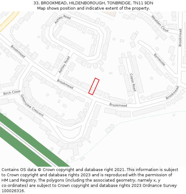 33, BROOKMEAD, HILDENBOROUGH, TONBRIDGE, TN11 9DN: Location map and indicative extent of plot