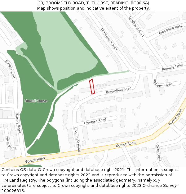 33, BROOMFIELD ROAD, TILEHURST, READING, RG30 6AJ: Location map and indicative extent of plot