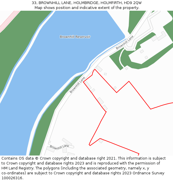 33, BROWNHILL LANE, HOLMBRIDGE, HOLMFIRTH, HD9 2QW: Location map and indicative extent of plot