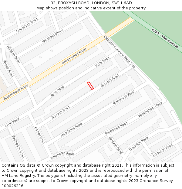 33, BROXASH ROAD, LONDON, SW11 6AD: Location map and indicative extent of plot