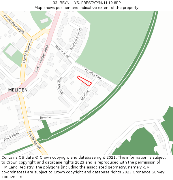 33, BRYN LLYS, PRESTATYN, LL19 8PP: Location map and indicative extent of plot