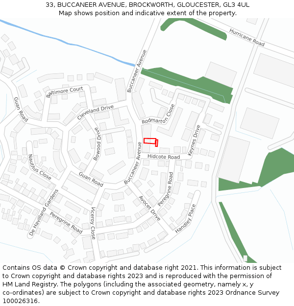 33, BUCCANEER AVENUE, BROCKWORTH, GLOUCESTER, GL3 4UL: Location map and indicative extent of plot