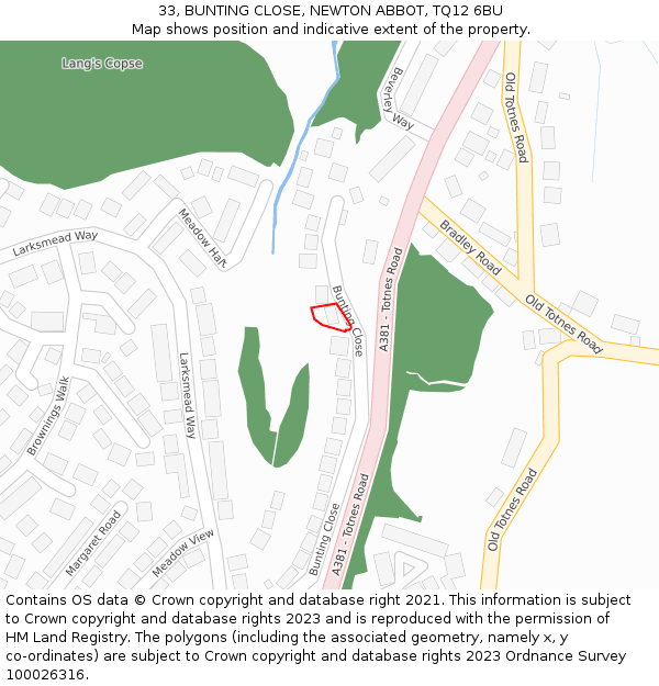 33, BUNTING CLOSE, NEWTON ABBOT, TQ12 6BU: Location map and indicative extent of plot