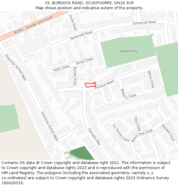 33, BURDOCK ROAD, SCUNTHORPE, DN16 3UP: Location map and indicative extent of plot
