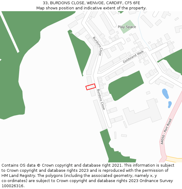 33, BURDONS CLOSE, WENVOE, CARDIFF, CF5 6FE: Location map and indicative extent of plot