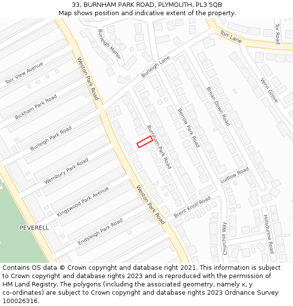 33, BURNHAM PARK ROAD, PLYMOUTH, PL3 5QB: Location map and indicative extent of plot