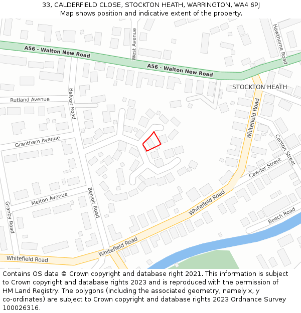 33, CALDERFIELD CLOSE, STOCKTON HEATH, WARRINGTON, WA4 6PJ: Location map and indicative extent of plot