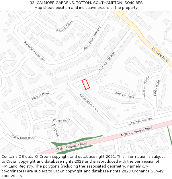 33, CALMORE GARDENS, TOTTON, SOUTHAMPTON, SO40 8ES: Location map and indicative extent of plot