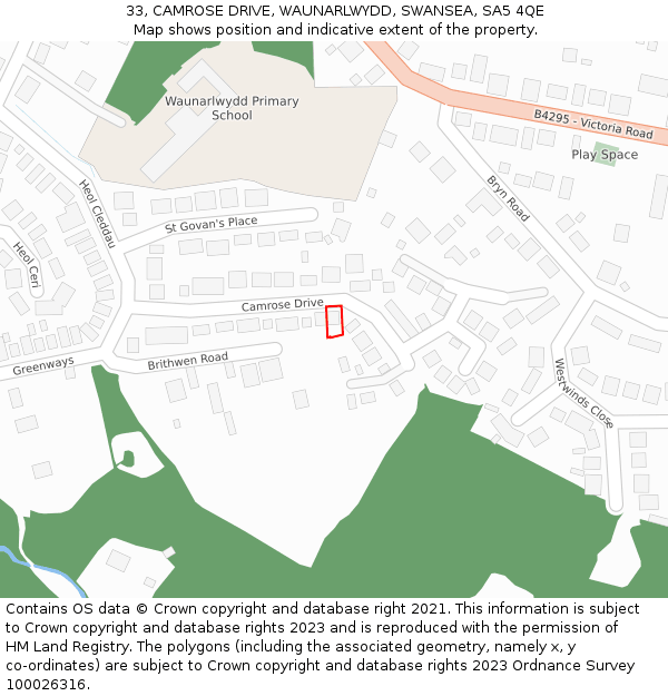 33, CAMROSE DRIVE, WAUNARLWYDD, SWANSEA, SA5 4QE: Location map and indicative extent of plot