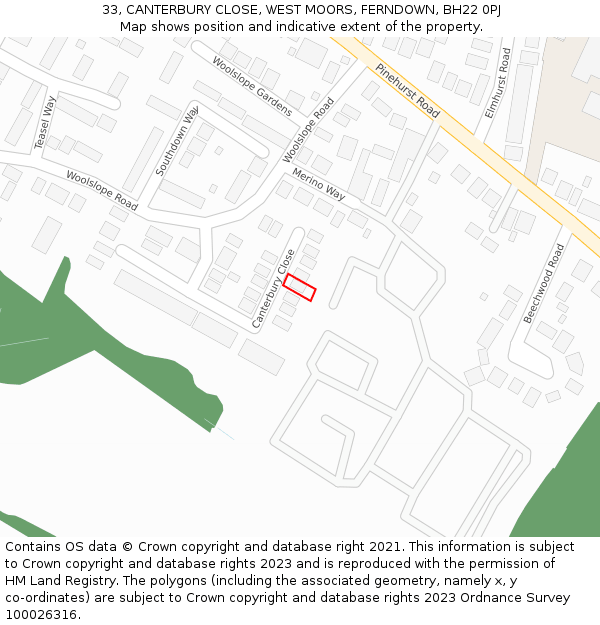 33, CANTERBURY CLOSE, WEST MOORS, FERNDOWN, BH22 0PJ: Location map and indicative extent of plot
