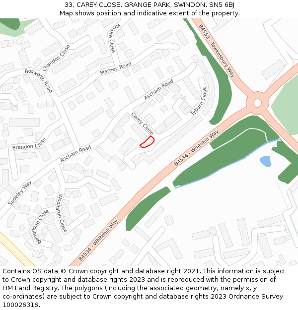 33, CAREY CLOSE, GRANGE PARK, SWINDON, SN5 6BJ: Location map and indicative extent of plot