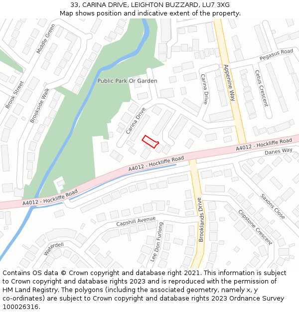 33, CARINA DRIVE, LEIGHTON BUZZARD, LU7 3XG: Location map and indicative extent of plot