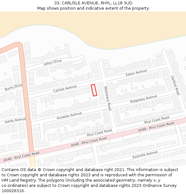 33, CARLISLE AVENUE, RHYL, LL18 3UD: Location map and indicative extent of plot