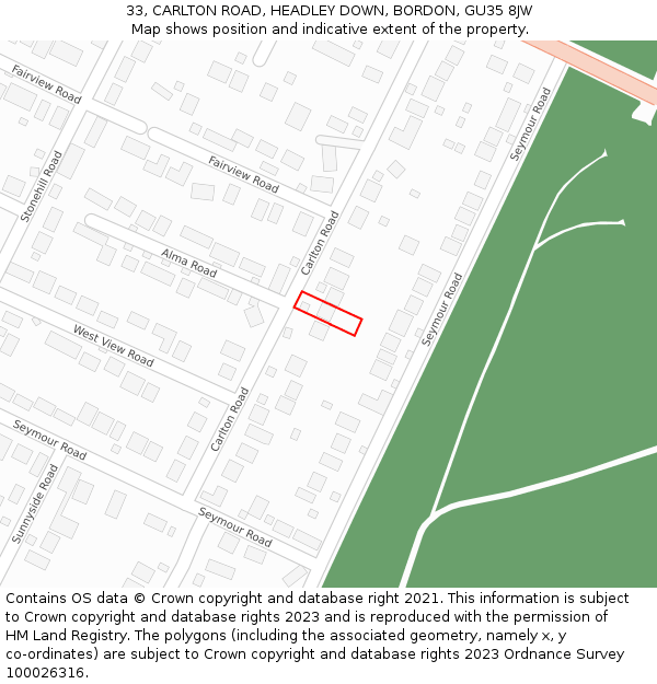 33, CARLTON ROAD, HEADLEY DOWN, BORDON, GU35 8JW: Location map and indicative extent of plot