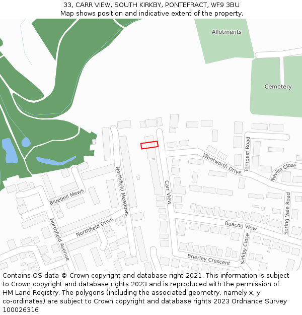 33, CARR VIEW, SOUTH KIRKBY, PONTEFRACT, WF9 3BU: Location map and indicative extent of plot