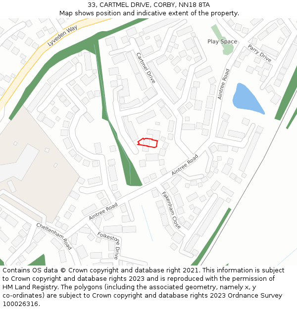 33, CARTMEL DRIVE, CORBY, NN18 8TA: Location map and indicative extent of plot