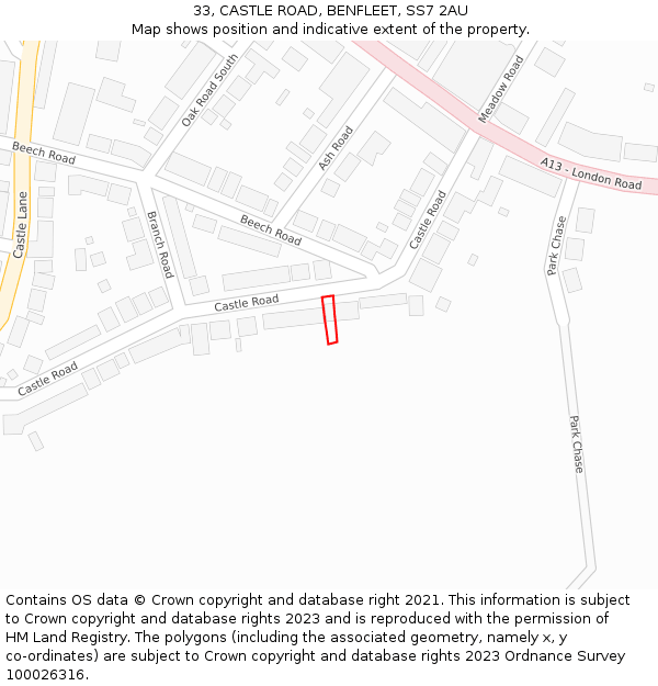 33, CASTLE ROAD, BENFLEET, SS7 2AU: Location map and indicative extent of plot