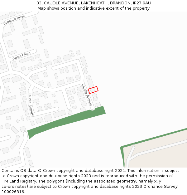 33, CAUDLE AVENUE, LAKENHEATH, BRANDON, IP27 9AU: Location map and indicative extent of plot