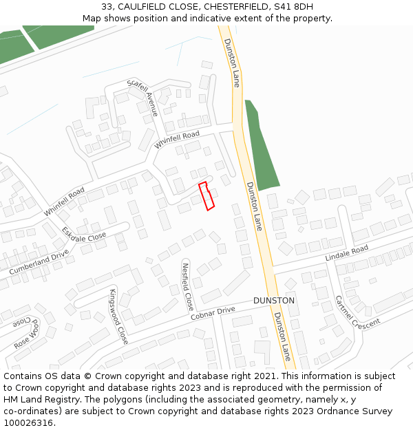 33, CAULFIELD CLOSE, CHESTERFIELD, S41 8DH: Location map and indicative extent of plot