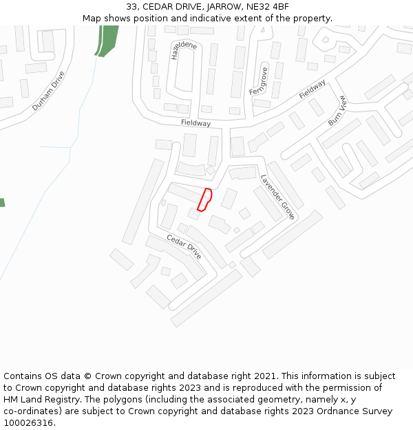 33, CEDAR DRIVE, JARROW, NE32 4BF: Location map and indicative extent of plot