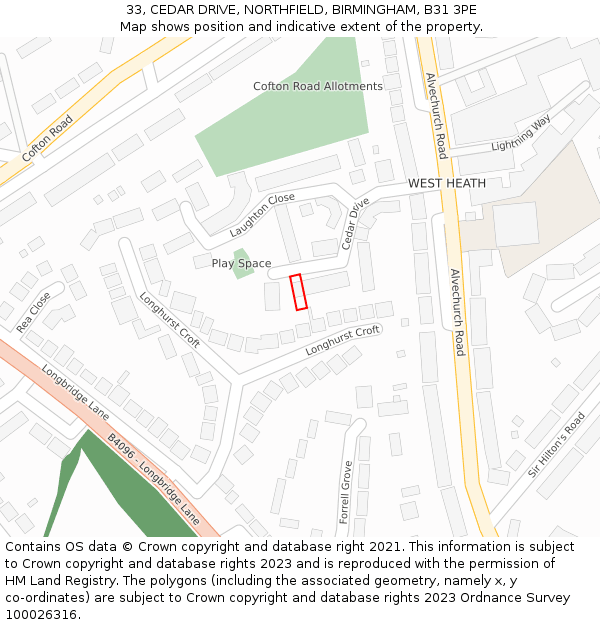 33, CEDAR DRIVE, NORTHFIELD, BIRMINGHAM, B31 3PE: Location map and indicative extent of plot