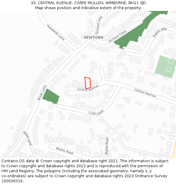 33, CENTRAL AVENUE, CORFE MULLEN, WIMBORNE, BH21 3JD: Location map and indicative extent of plot