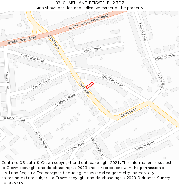 33, CHART LANE, REIGATE, RH2 7DZ: Location map and indicative extent of plot