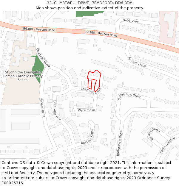 33, CHARTWELL DRIVE, BRADFORD, BD6 3DA: Location map and indicative extent of plot