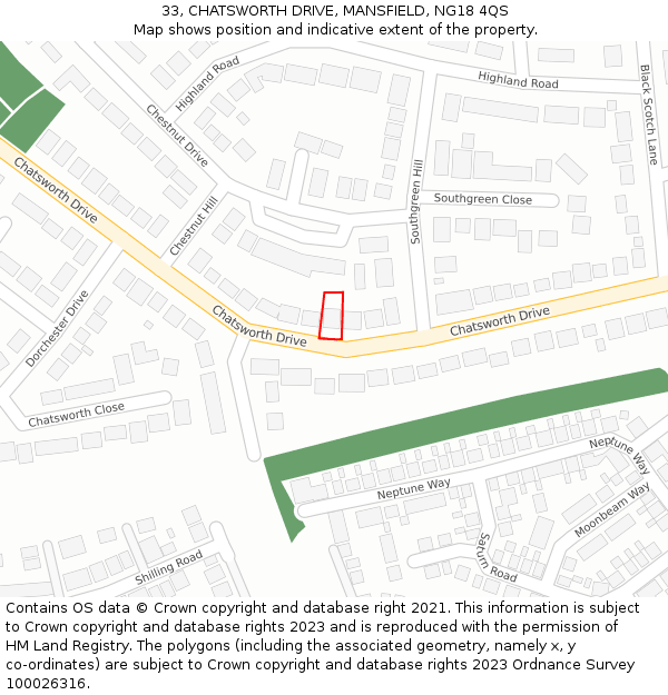 33, CHATSWORTH DRIVE, MANSFIELD, NG18 4QS: Location map and indicative extent of plot