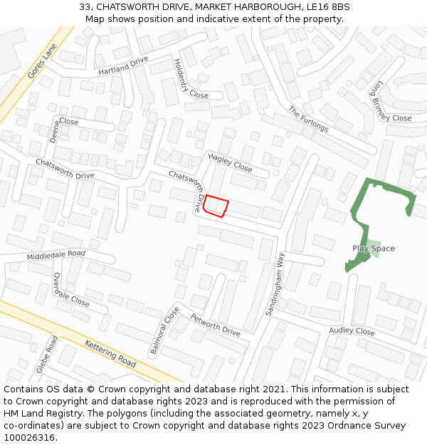 33, CHATSWORTH DRIVE, MARKET HARBOROUGH, LE16 8BS: Location map and indicative extent of plot