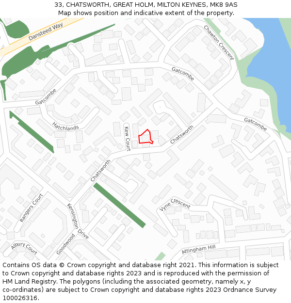 33, CHATSWORTH, GREAT HOLM, MILTON KEYNES, MK8 9AS: Location map and indicative extent of plot