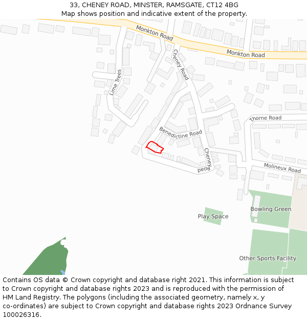 33, CHENEY ROAD, MINSTER, RAMSGATE, CT12 4BG: Location map and indicative extent of plot