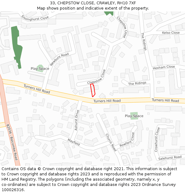 33, CHEPSTOW CLOSE, CRAWLEY, RH10 7XF: Location map and indicative extent of plot